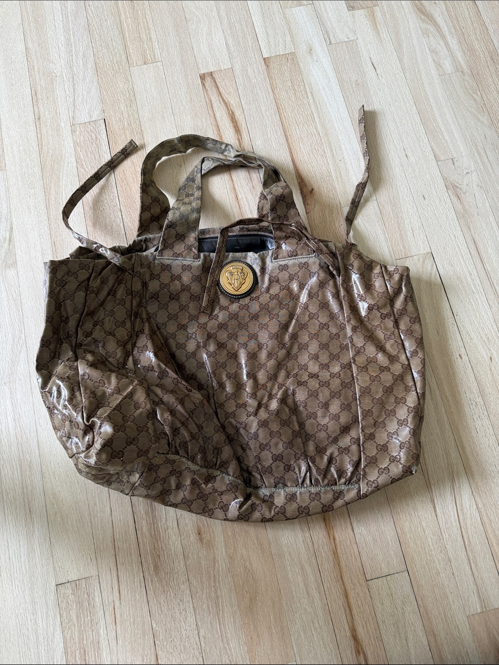 Gucci Brown Monogram Tote with Gold Medallion
